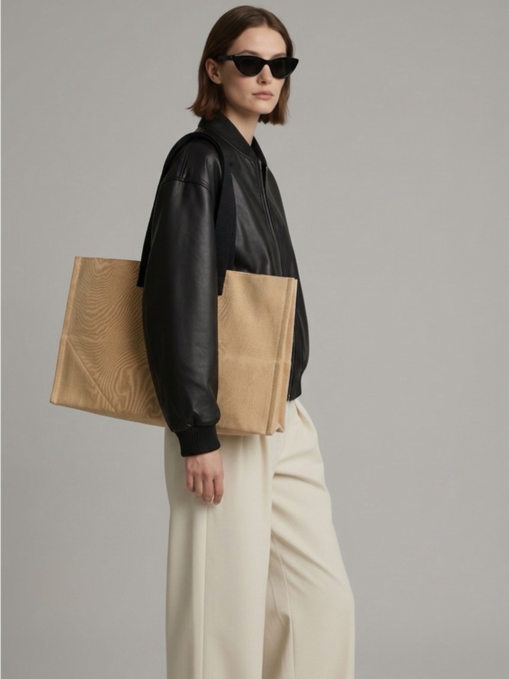 All Saints Canvas Tote Bag with Contrast Black Straps - Beige